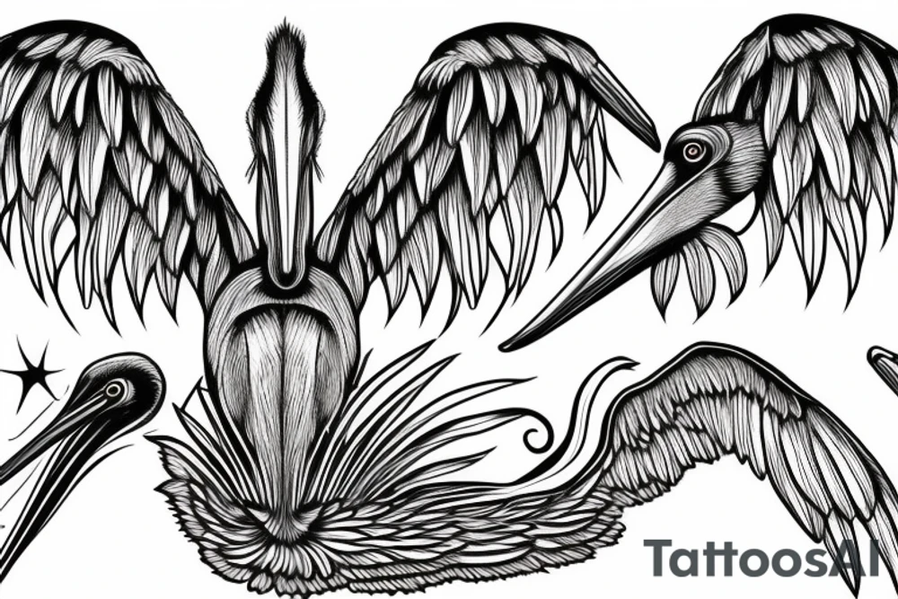 Long and big pelican with open wings tattoo idea