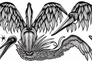 Long and big pelican with open wings tattoo idea