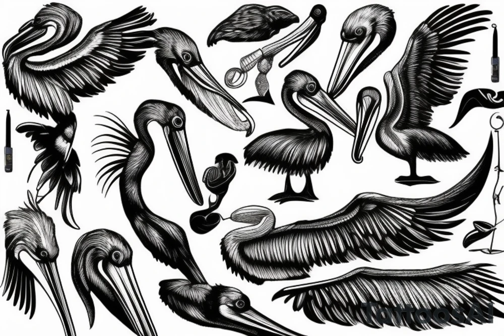 Long and big pelican with open wings tattoo idea
