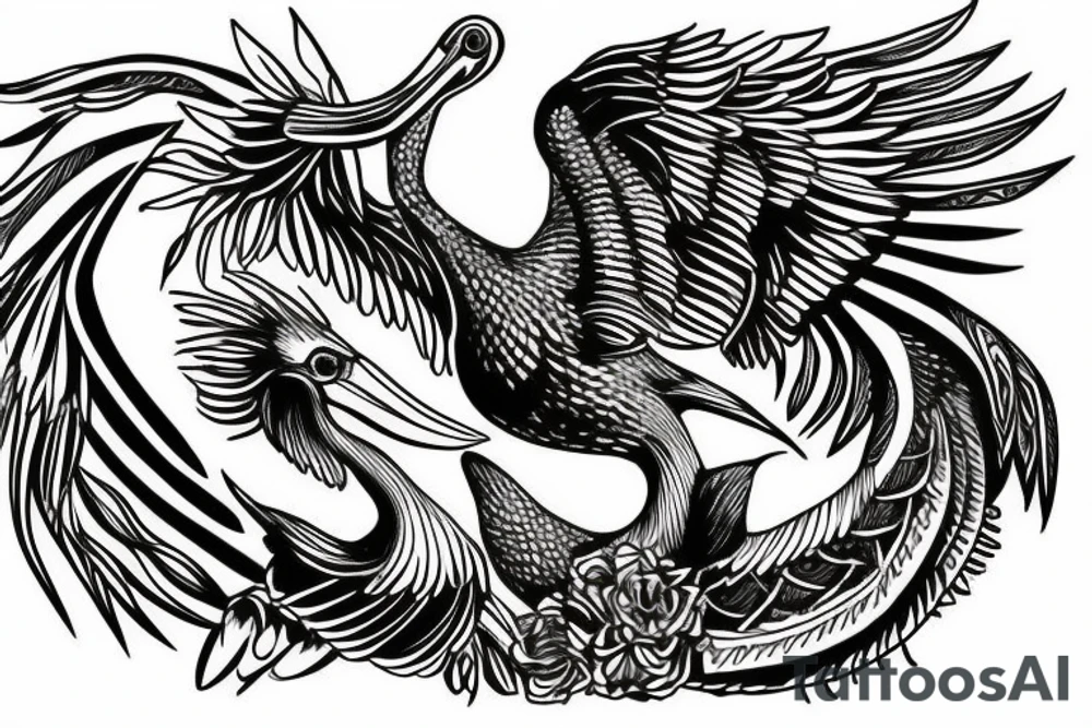 Long pelican with open wings tattoo idea