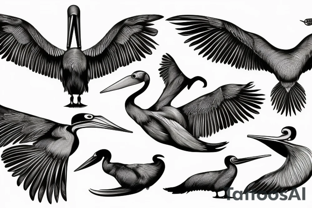 Long pelican with open wings tattoo idea