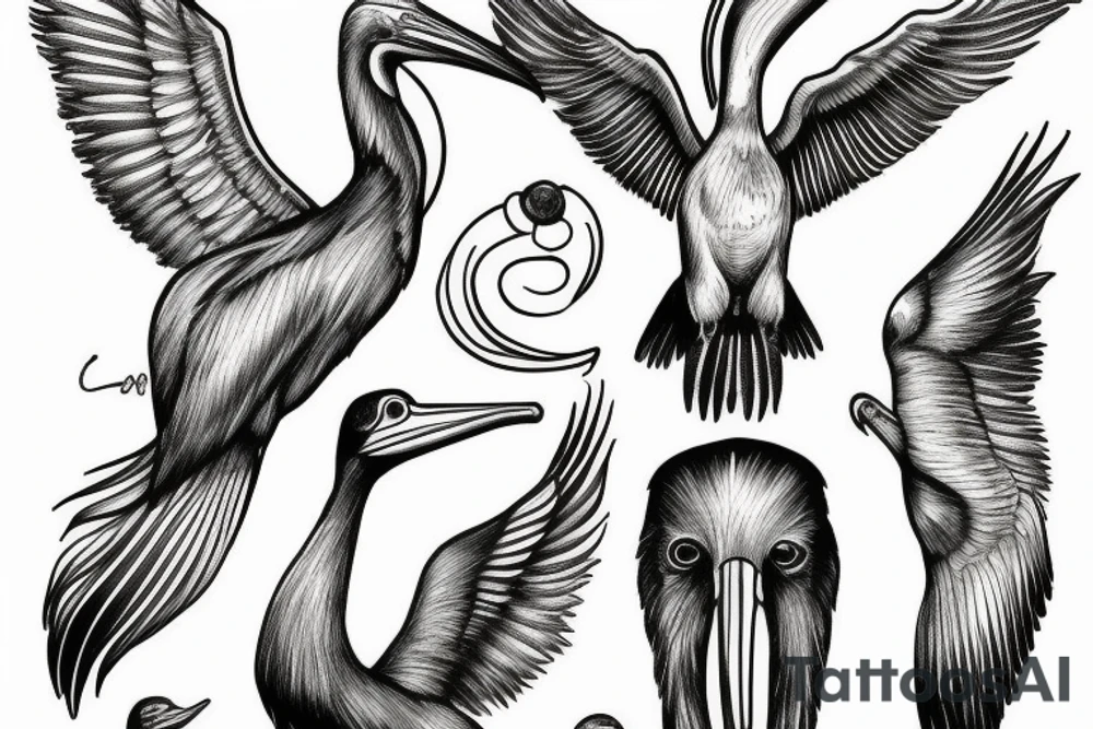 Long pelican with open wings tattoo idea