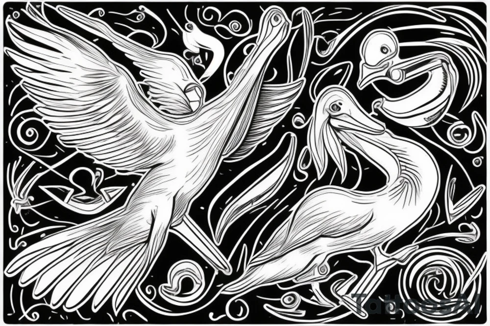 Long pelican with open wings tattoo idea