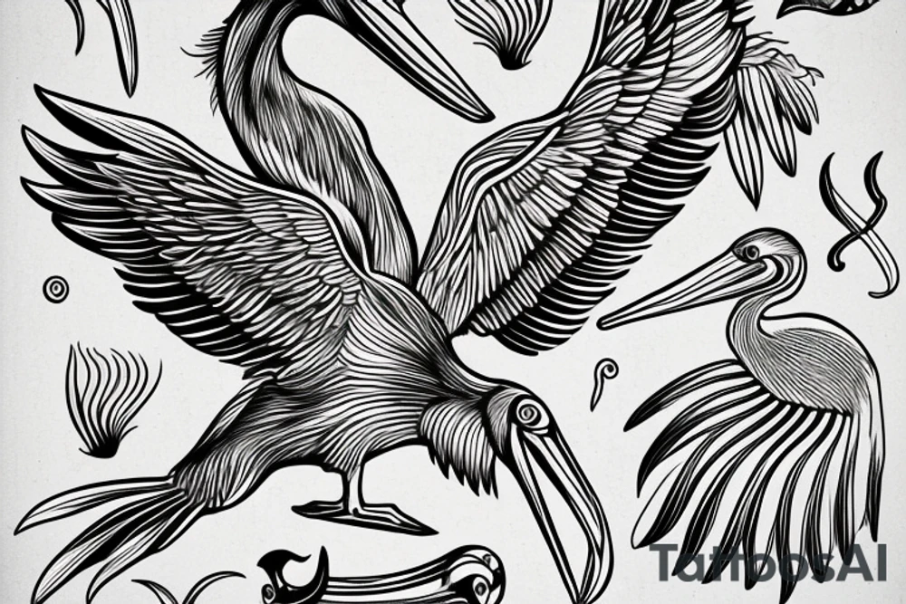 Long pelican with open wings tattoo idea