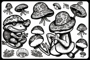A frog sitting on a mushroom and crocheting tattoo idea