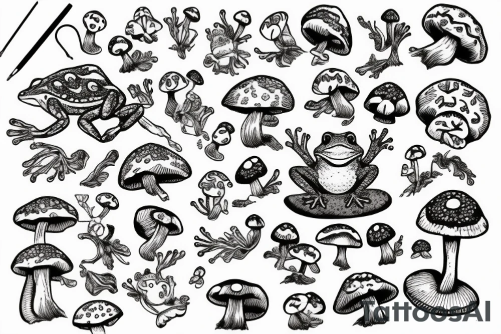 A frog sitting on a mushroom and crocheting tattoo idea