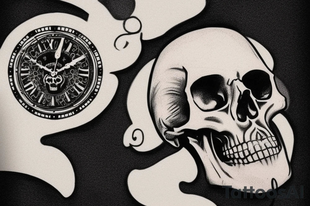 image of a skull with a clock or hourglass behind it, symbolizing the fleeting nature of time and the inevitability of death. Also incorporate a script or quote that is a reminder of the concept of memento mori, such as "Carpe Diem" or "Memento Mori" tattoo idea