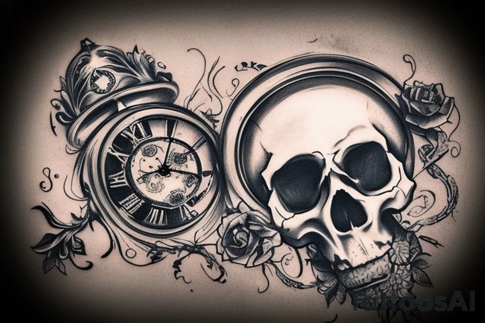 image of a skull with a clock or hourglass behind it, symbolizing the fleeting nature of time and the inevitability of death. Also incorporate a script or quote that is a reminder of the concept of memento mori, such as "Carpe Diem" or "Memento Mori" tattoo idea