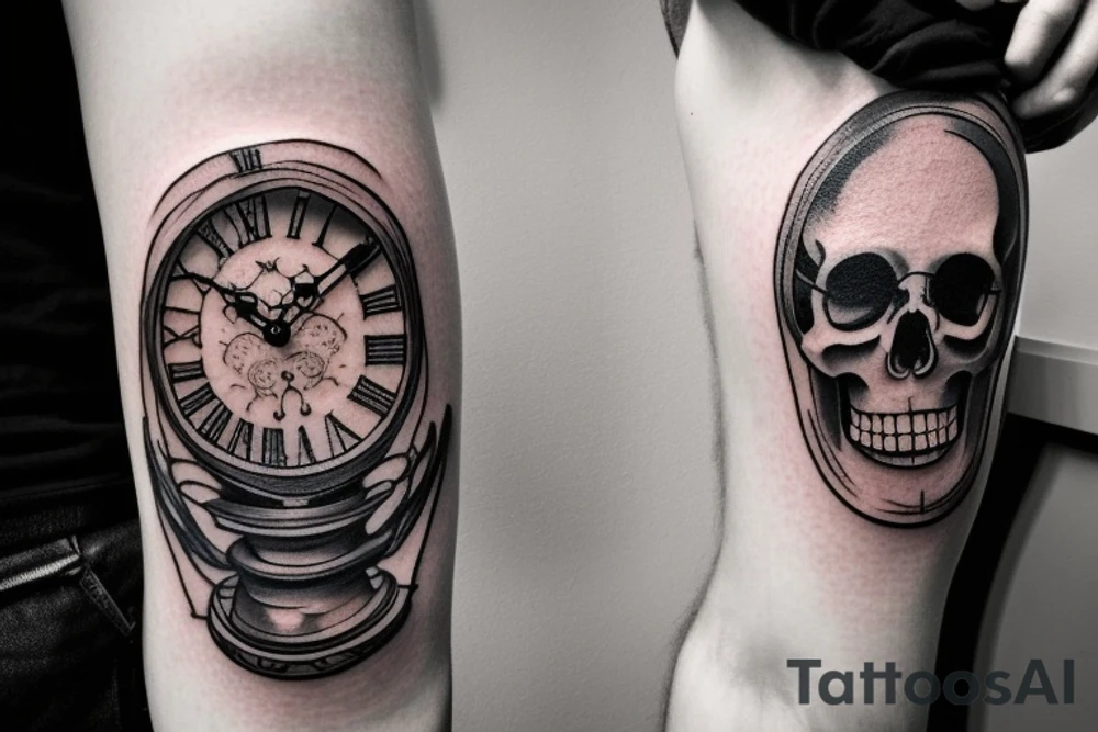 bicep tattoo - image of a skull with a clock or hourglass behind it, symbolizing the fleeting nature of time and the inevitability of death. Also incorporate a script or quote that is a reminder of the concept of memento mori, such as "Carpe Diem" or "Memento Mori" tattoo idea