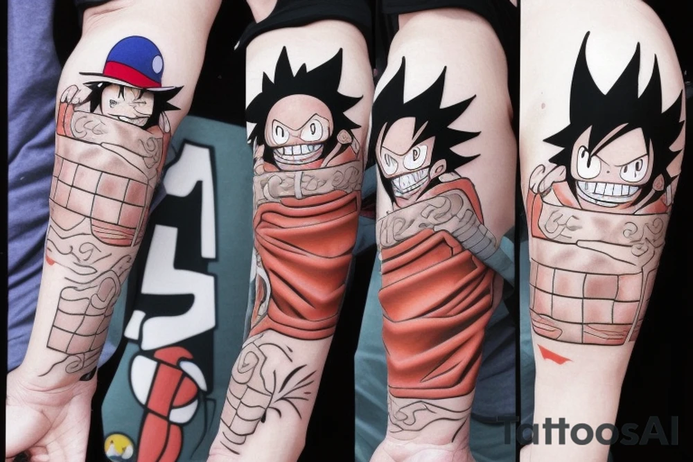 Combine Luffy from one piece, Naruto, goku, ash Ketchum, and cloud from final fantasy 7 into a single character. Must contain luffys hat, a Pokémon ball, a dragon ball, and clouds buster sword. tattoo idea