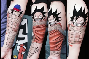 Combine Luffy from one piece, Naruto, goku, ash Ketchum, and cloud from final fantasy 7 into a single character. Must contain luffys hat, a Pokémon ball, a dragon ball, and clouds buster sword. tattoo idea