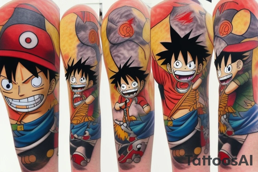 Combine Luffy from one piece, Naruto, goku, ash Ketchum, and cloud from final fantasy 7 into a single character. Must contain luffys hat, a Pokémon ball, a dragon ball, and clouds buster sword. tattoo idea