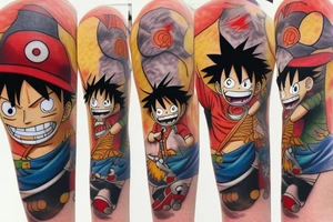 Combine Luffy from one piece, Naruto, goku, ash Ketchum, and cloud from final fantasy 7 into a single character. Must contain luffys hat, a Pokémon ball, a dragon ball, and clouds buster sword. tattoo idea