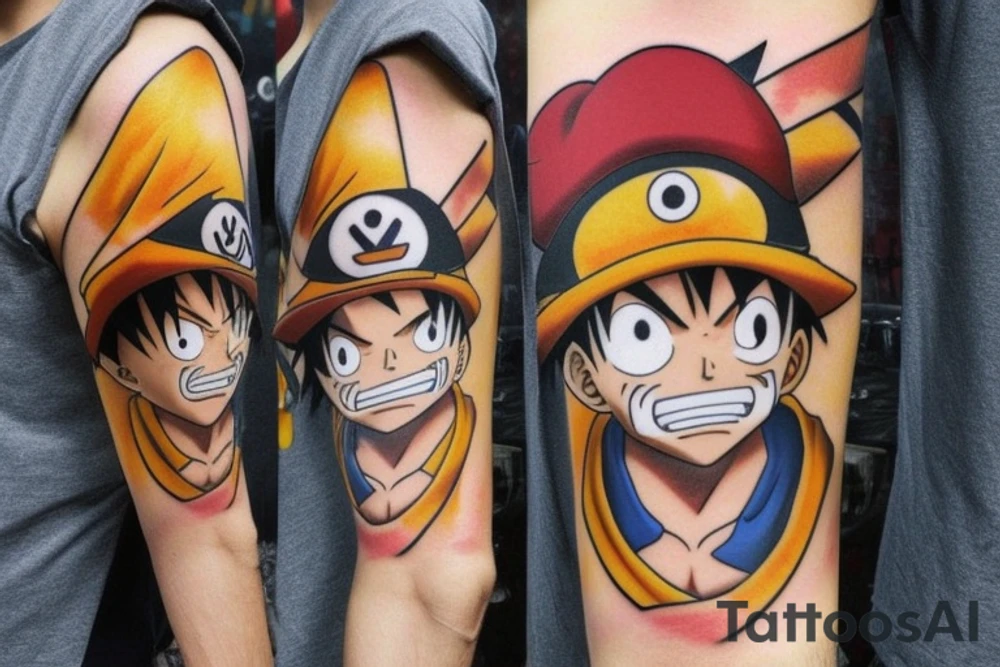Combine Luffy from one piece, Naruto, goku, ash Ketchum, and cloud from final fantasy 7 into a single character. Must contain luffy’s hat, a Pokémon ball, a dragon ball, and clouds buster sword. tattoo idea