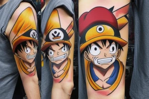 Combine Luffy from one piece, Naruto, goku, ash Ketchum, and cloud from final fantasy 7 into a single character. Must contain luffy’s hat, a Pokémon ball, a dragon ball, and clouds buster sword. tattoo idea