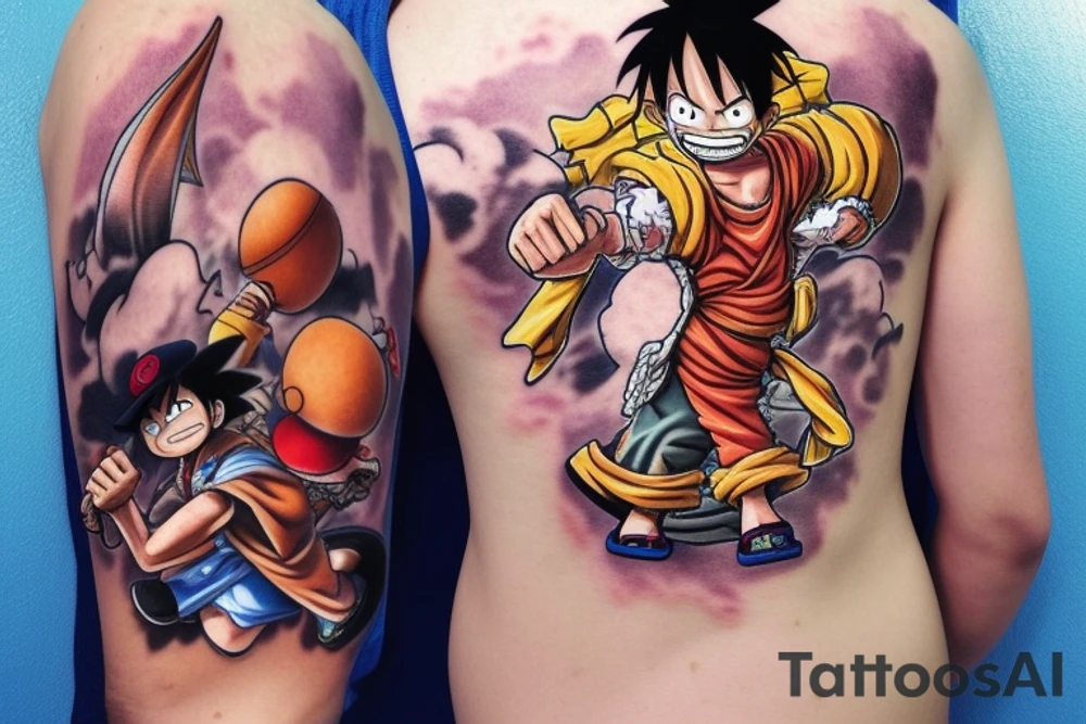 Combine Luffy from one piece, Naruto, goku, ash Ketchum, and cloud from final fantasy 7 into a single character. Must contain luffy’s hat, a Pokémon ball, a dragon ball, and clouds buster sword. tattoo idea
