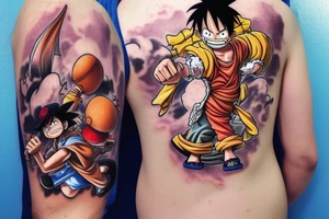 Combine Luffy from one piece, Naruto, goku, ash Ketchum, and cloud from final fantasy 7 into a single character. Must contain luffy’s hat, a Pokémon ball, a dragon ball, and clouds buster sword. tattoo idea