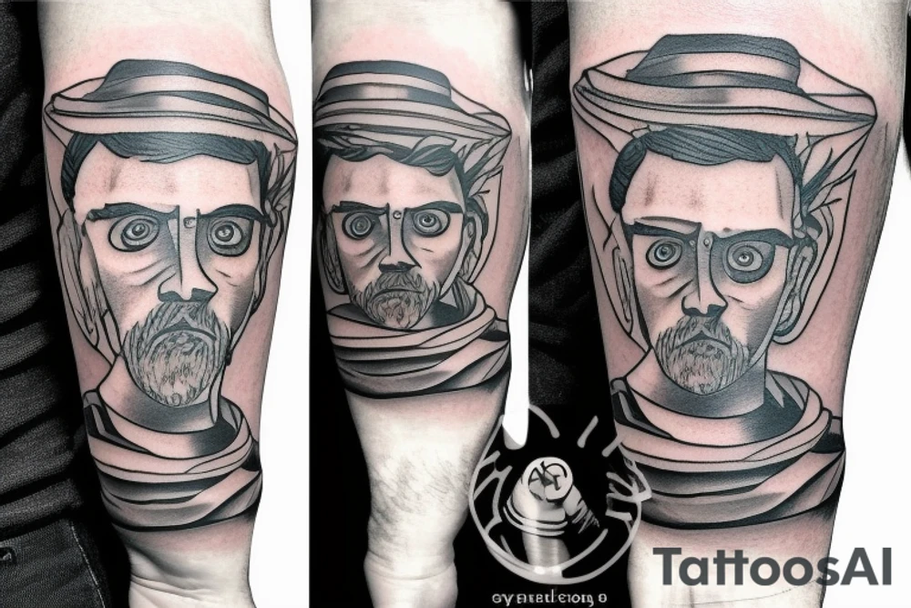 Arm tatoo of a father passing his son a tool tattoo idea