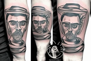 Arm tatoo of a father passing his son a tool tattoo idea