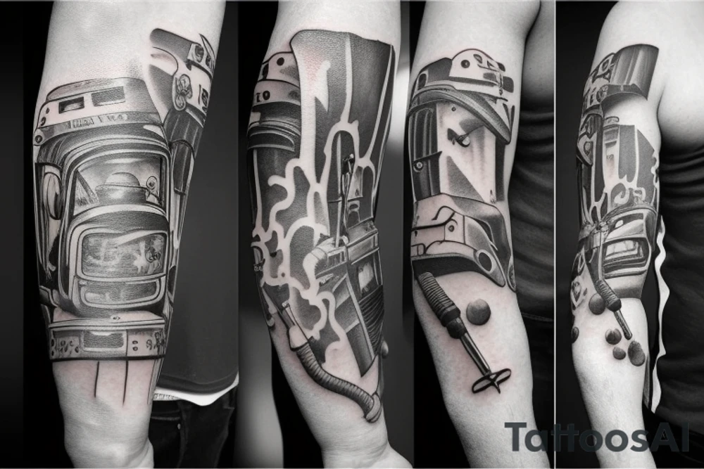 Arm tatoo of a father passing his son a tool tattoo idea