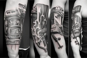 Arm tatoo of a father passing his son a tool tattoo idea