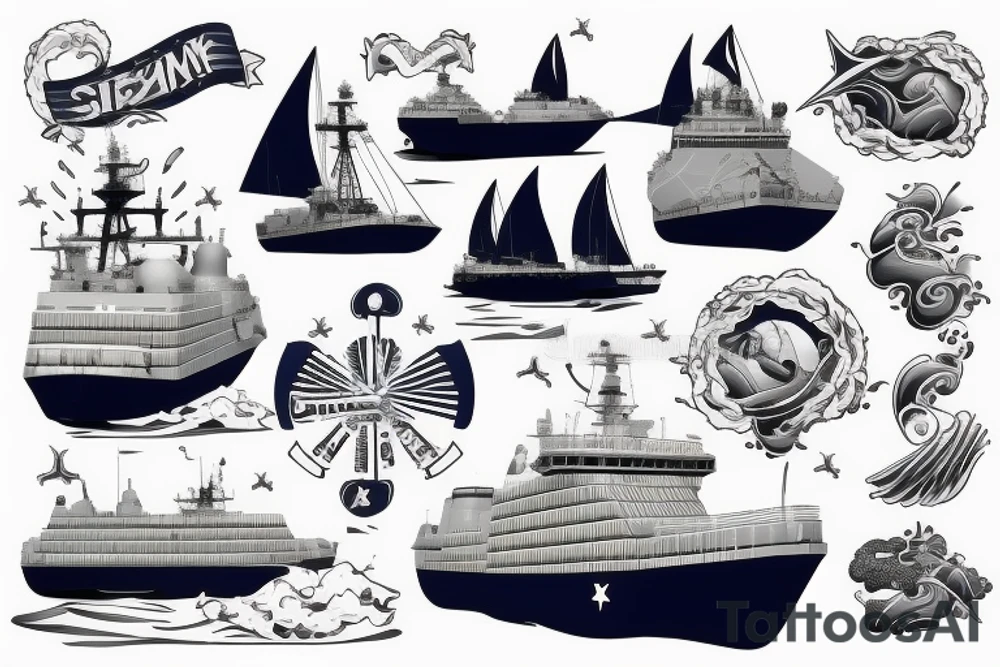 Navy ship out to sea, with big waves behind. tattoo idea