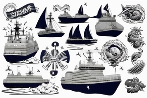 Navy ship out to sea, with big waves behind. tattoo idea