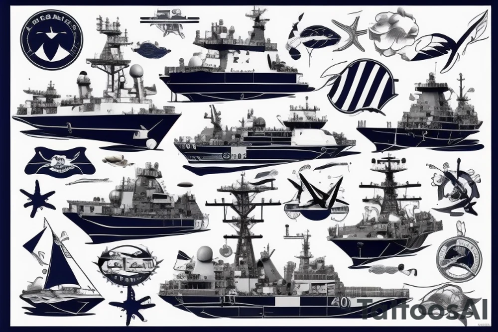 Navy ship out to sea, with big waves behind. tattoo idea