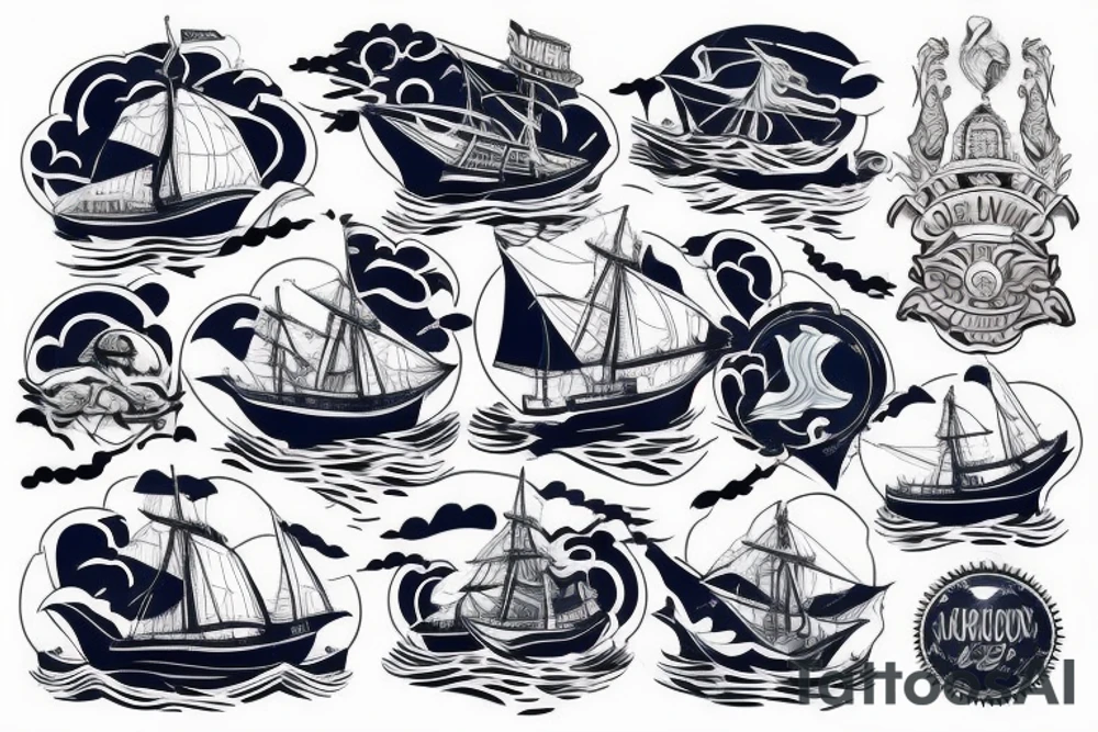 Navy ship out to sea, with big waves behind. tattoo idea