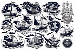 Navy ship out to sea, with big waves behind. tattoo idea
