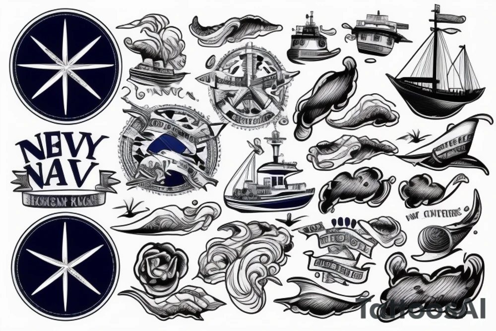 Navy ship out to sea, with big waves behind. tattoo idea