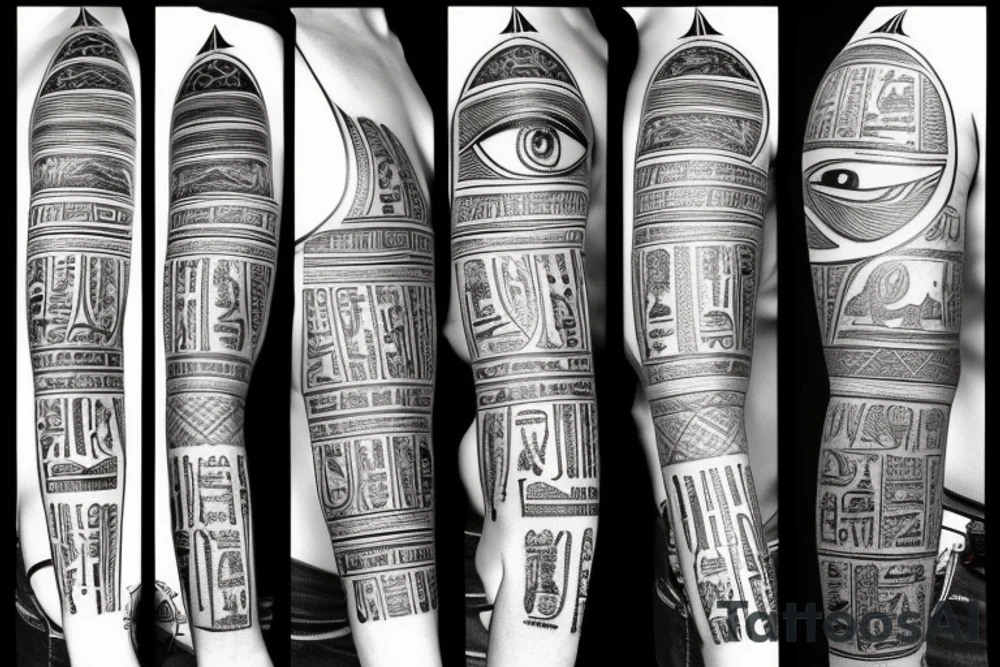 Egyptian tattoo sleeve with anbus the all seeing eye and hieroglyphs tattoo idea