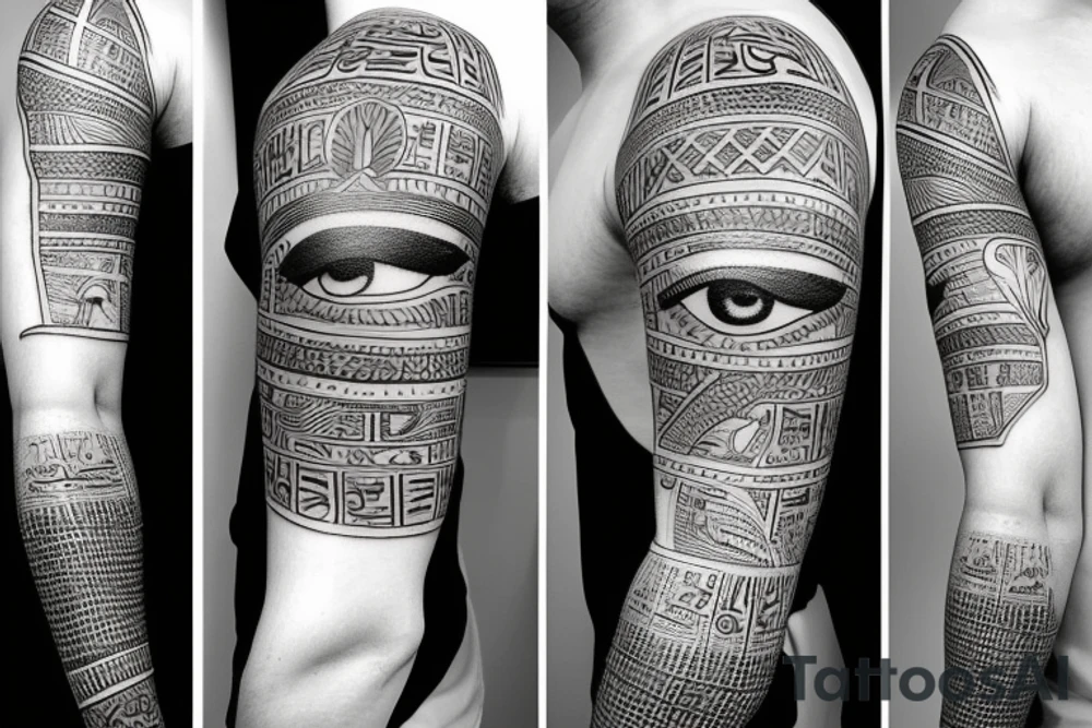 Egyptian tattoo sleeve with anbus the all seeing eye and hieroglyphs tattoo idea