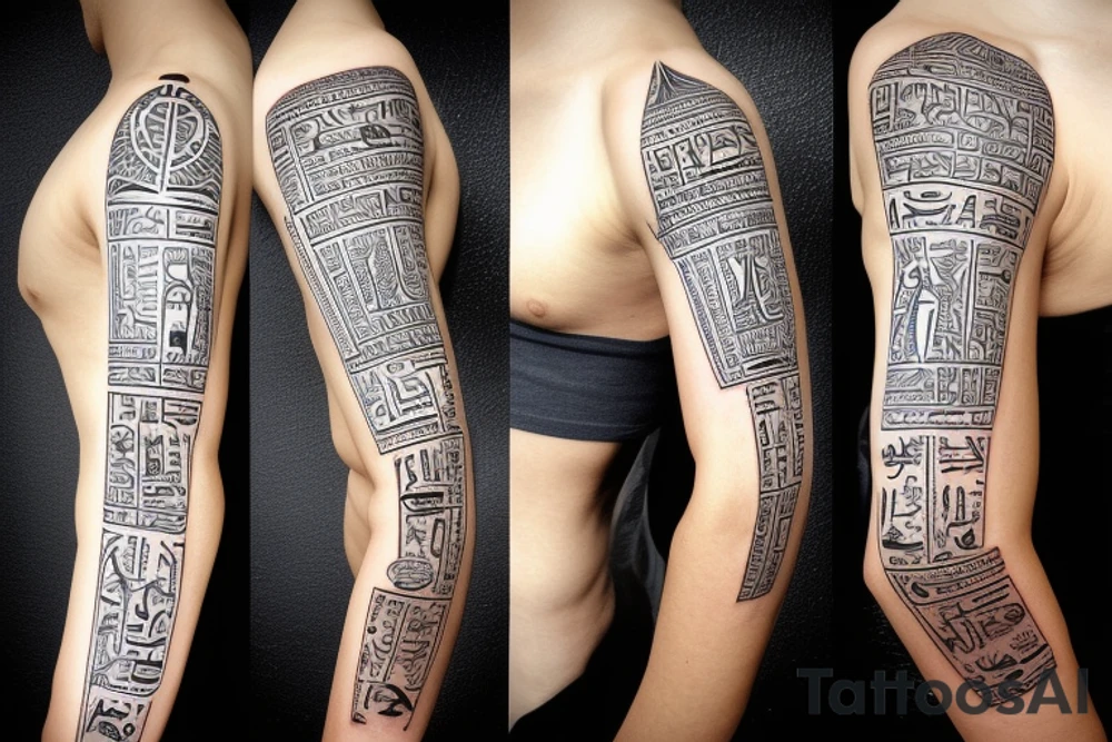Egyptian tattoo sleeve with anbus the all seeing eye and hieroglyphs tattoo idea