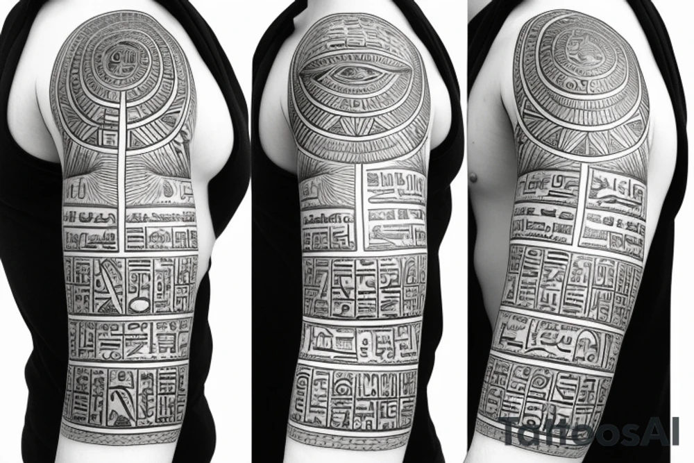 Egyptian tattoo sleeve with anbus the all seeing eye and hieroglyphs tattoo idea