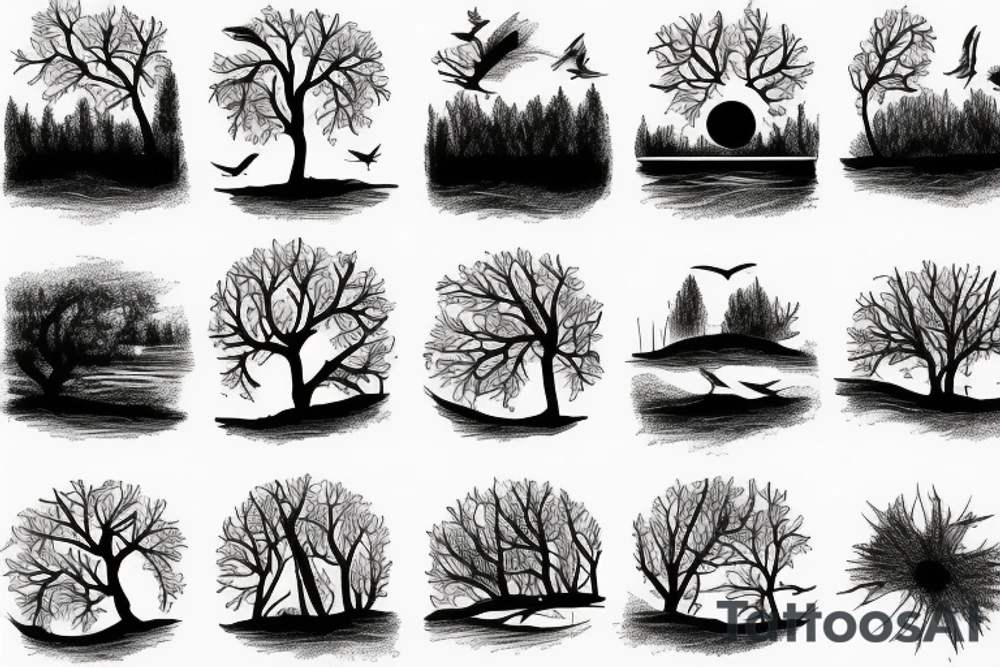 Sunset river trees birds tattoo idea