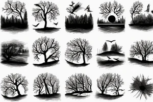 Sunset river trees birds tattoo idea