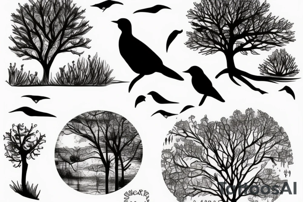 Sunset river trees birds tattoo idea