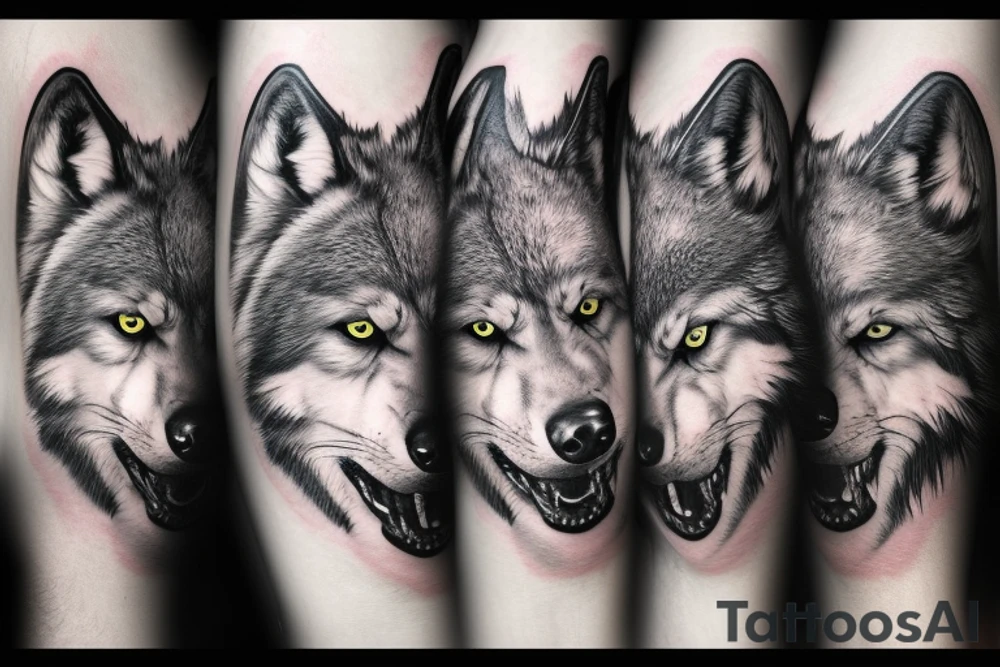 majestic wolf, with dark forrest in the background. dark colors, contrasting with a few bright neon ones tattoo idea