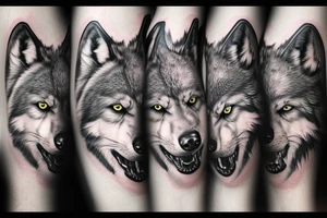 majestic wolf, with dark forrest in the background. dark colors, contrasting with a few bright neon ones tattoo idea
