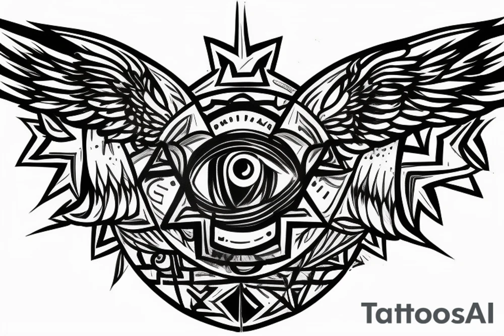 Halstatto, in the middle a realistic eye in a triangle surrounded by wings, a line down towards the chest and the word chaos above the tattoo tattoo idea
