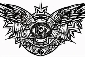 Halstatto, in the middle a realistic eye in a triangle surrounded by wings, a line down towards the chest and the word chaos above the tattoo tattoo idea