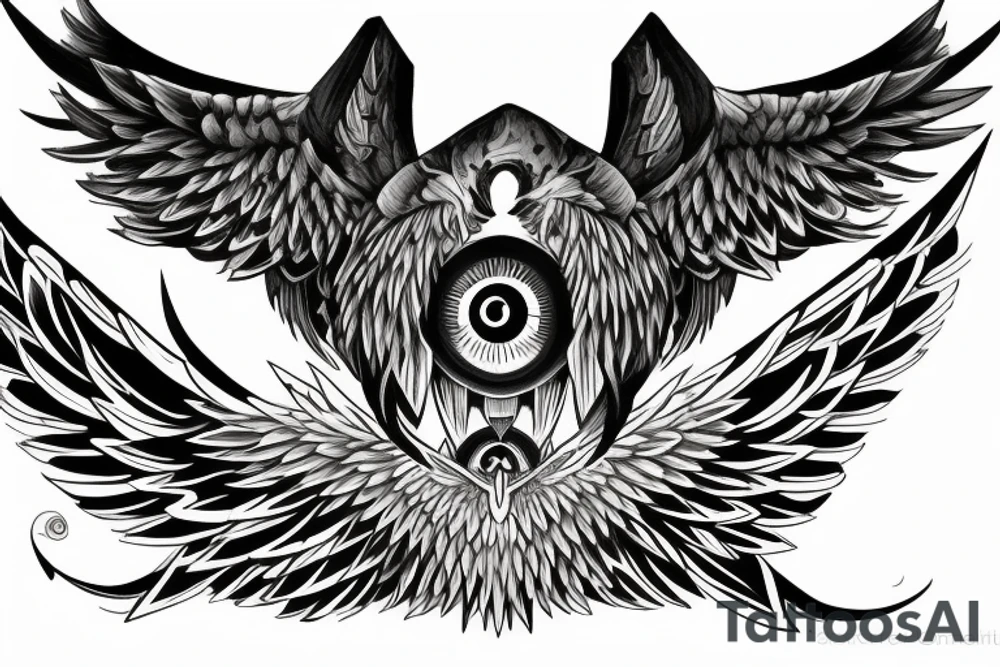 Halstatto, in the middle a realistic eye in a triangle surrounded by wings, a line down towards the chest and the word chaos above the tattoo tattoo idea