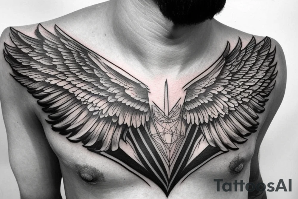 neck tattoo, in the middle a realistic eye in a triangle surrounded by wings, a line down towards the chest and the word chaos above the tattoo tattoo idea
