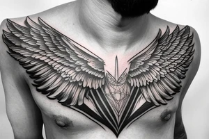 neck tattoo, in the middle a realistic eye in a triangle surrounded by wings, a line down towards the chest and the word chaos above the tattoo tattoo idea