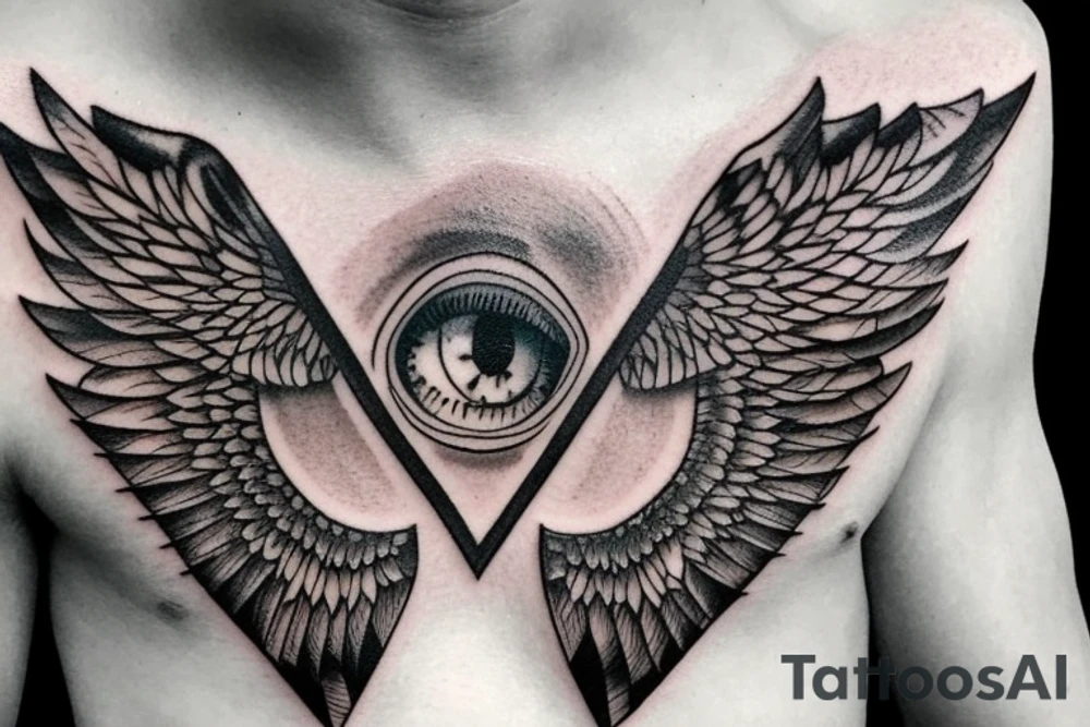neck tattoo, a realistic eye in a triangle surrounded by wings, a line down towards the chest and the word chaos above the tattoo tattoo idea