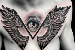 neck tattoo, a realistic eye in a triangle surrounded by wings, a line down towards the chest and the word chaos above the tattoo tattoo idea