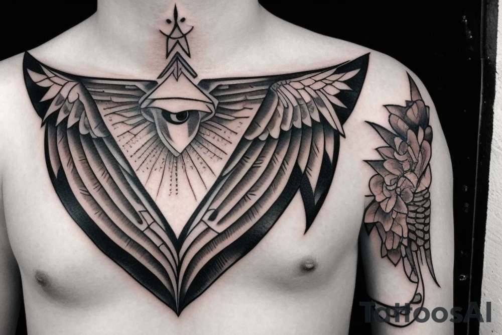 neck tattoo, a realistic eye in a triangle surrounded by wings, a line down towards the chest and the word chaos above the tattoo tattoo idea