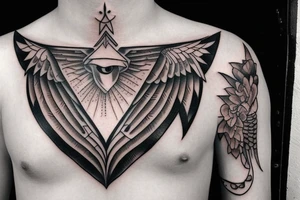 neck tattoo, a realistic eye in a triangle surrounded by wings, a line down towards the chest and the word chaos above the tattoo tattoo idea