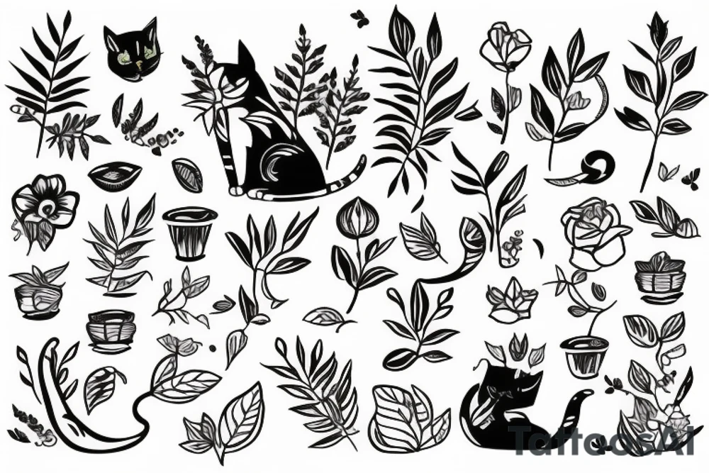 Cat playing with a plant tattoo idea